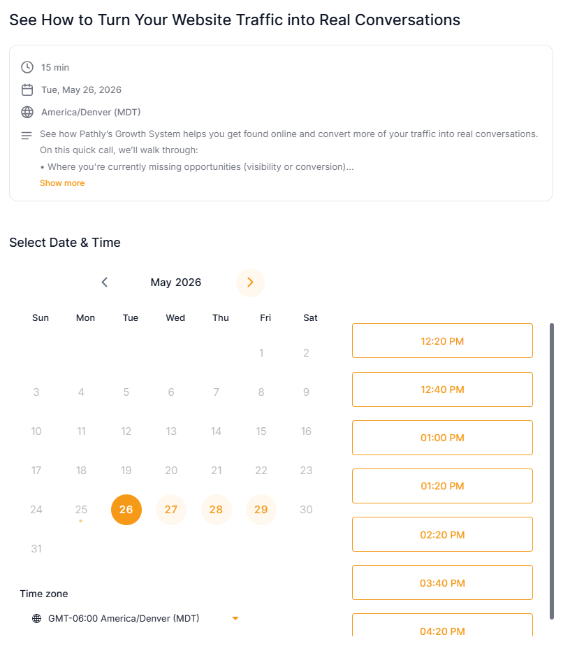 Pathly CRM online booking calendar letting prospects choose an appointment time directly from the website