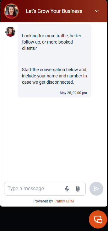 Pathly CRM website chat widget open with a visitor conversation in progress