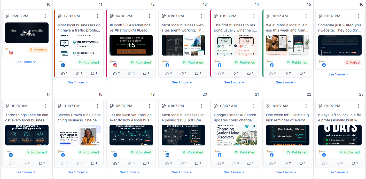 Pathly CRM social media planner calendar with scheduled and published posts across LinkedIn, Facebook, and Instagram